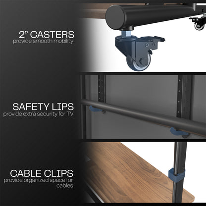 A heavy duty TV cart with dark wood shelves with features highlighted. 