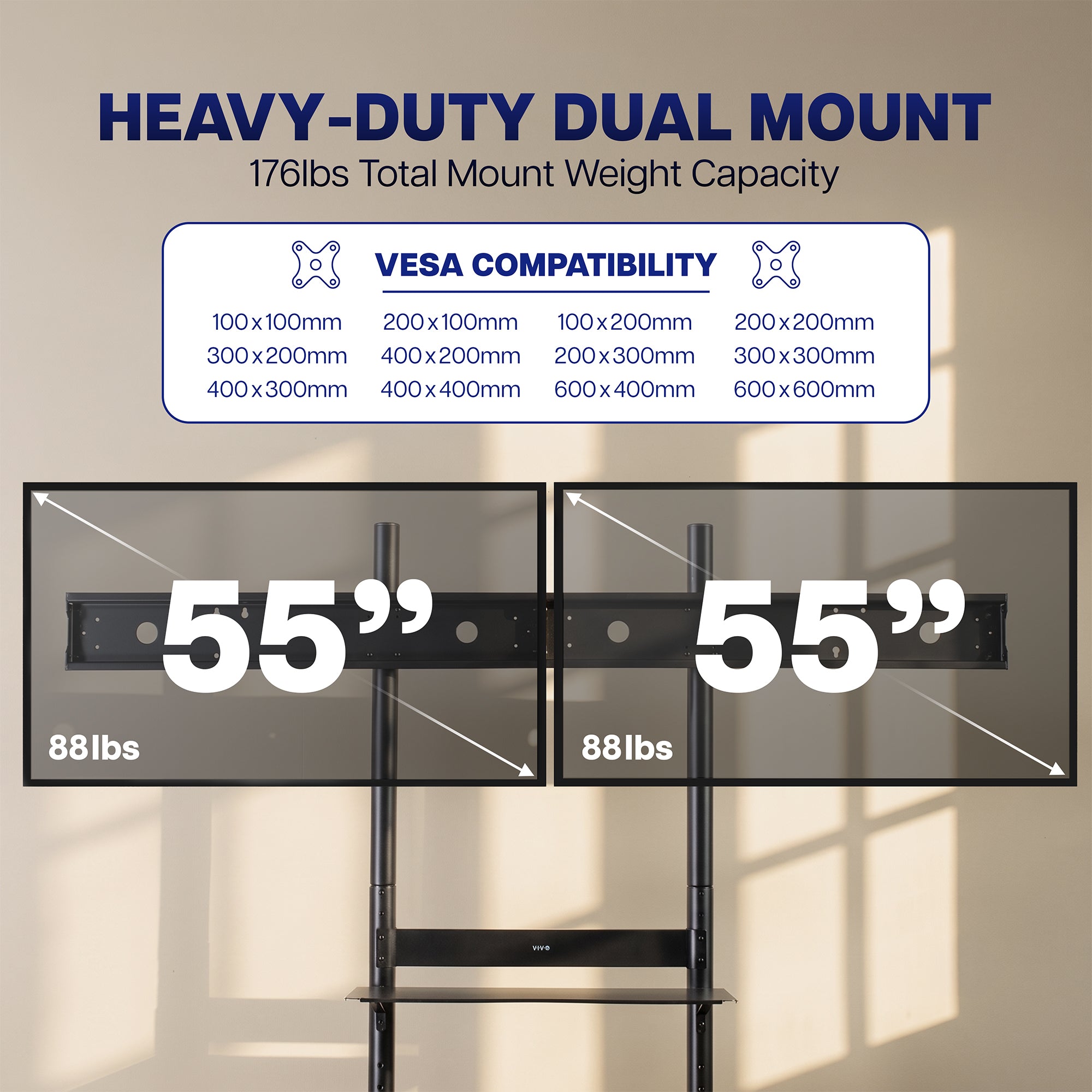 Mobile Dual Horizontal TV Cart - 55” Screens