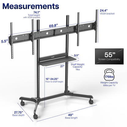 Mobile Dual Horizontal TV Cart - 55” Screens