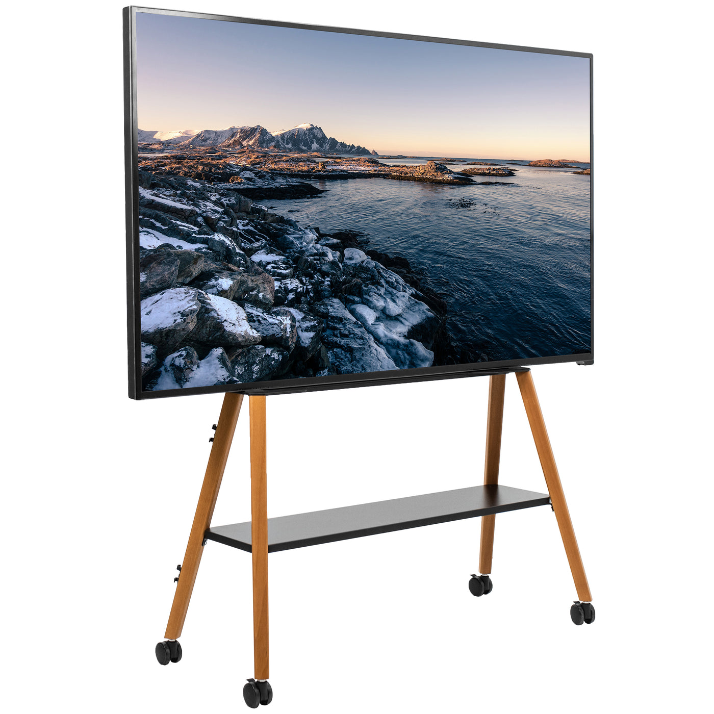 This rolling artistic easel 49 to 75 inch LED LCD screen mobile studio TV display stand is for home theatres, trade shows, schools, and more.