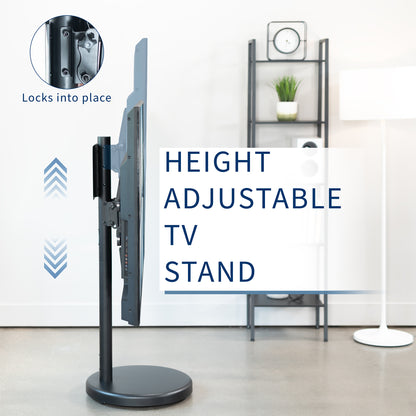 Mobile TV stand with shelf featuring height adjustment, tilt, swivel, rotation, and built-in cable management.