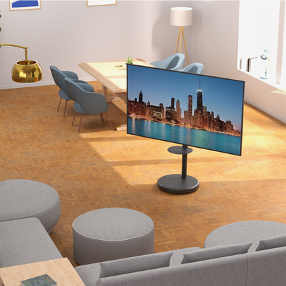 Mobile TV stand with shelf featuring height adjustment, tilt, swivel, rotation, and built-in cable management.