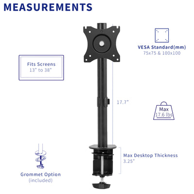 Sturdy adjustable single monitor ergonomic desk mount with universal VESA compatibility.