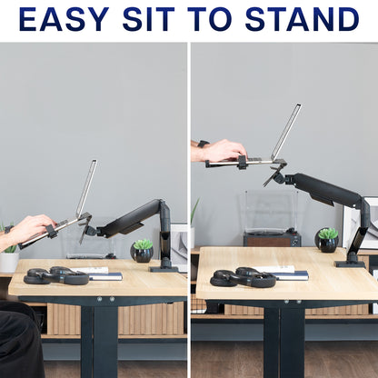 Mechanical Arm Single Laptop Desk Mount being used on a desk with text 'EASY SIT TO STAND'.