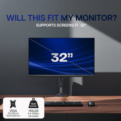 32-inch monitor mounted on a monitor desk mount with text stating it supports monitors 17-32 inches and includes additional product details.