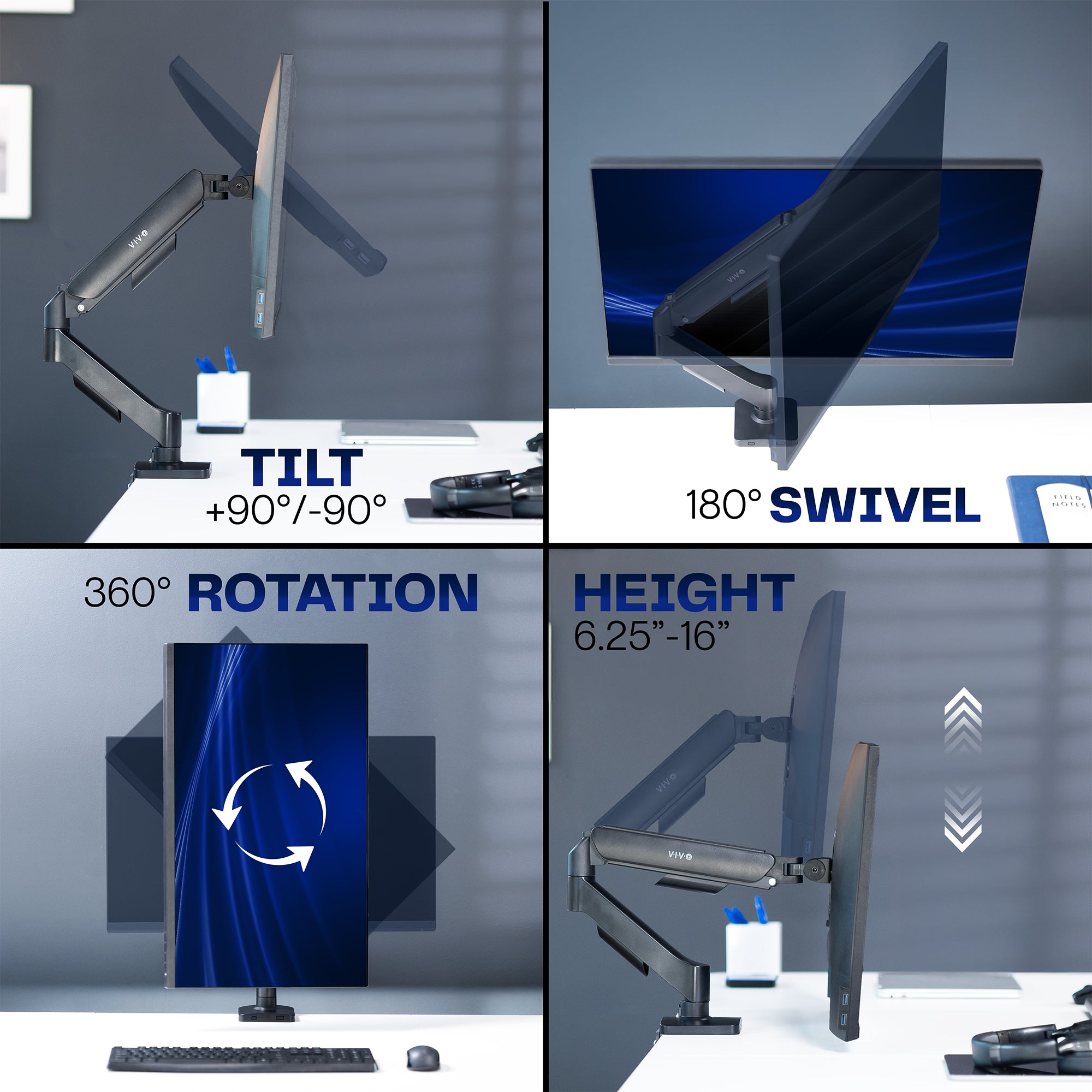 Mechanical Arm Single Monitor Desk Mount with tilt, swivel, rotation, and height adjustment features on a gray background.