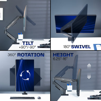 Mechanical Arm Single Monitor Desk Mount with tilt, swivel, rotation, and height adjustment features on a gray background.