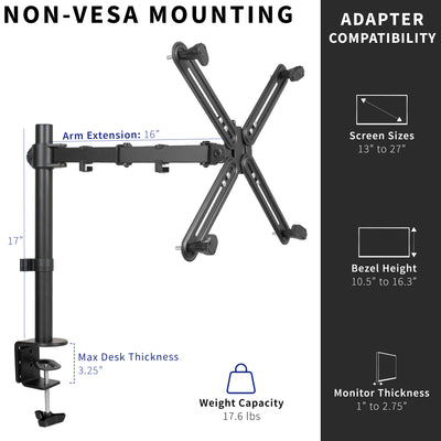 Single monitor desk mount with VESA adapter bracket designed for monitors lacking VESA compatibility.