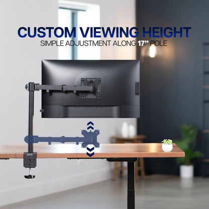 Monitor stand with customizable viewing height on a desk in a home office setting