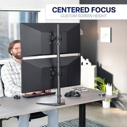 Person using a dual monitor setup on a desk with 'Centered Focus' text above.