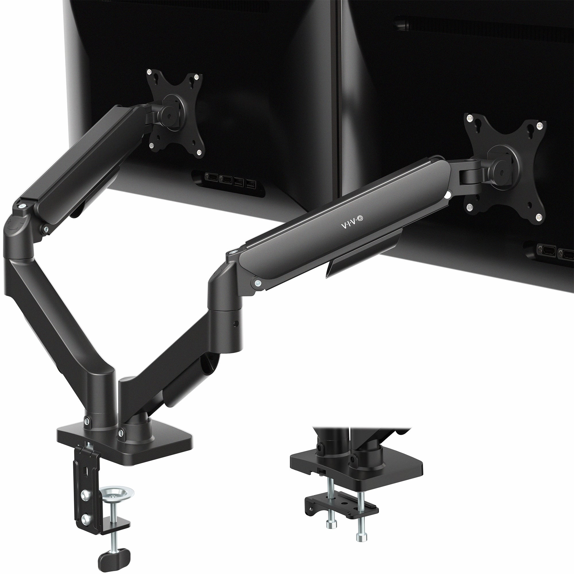 Sturdy adjustable mechanical arm dual monitor ergonomic desk stand for office workstation.