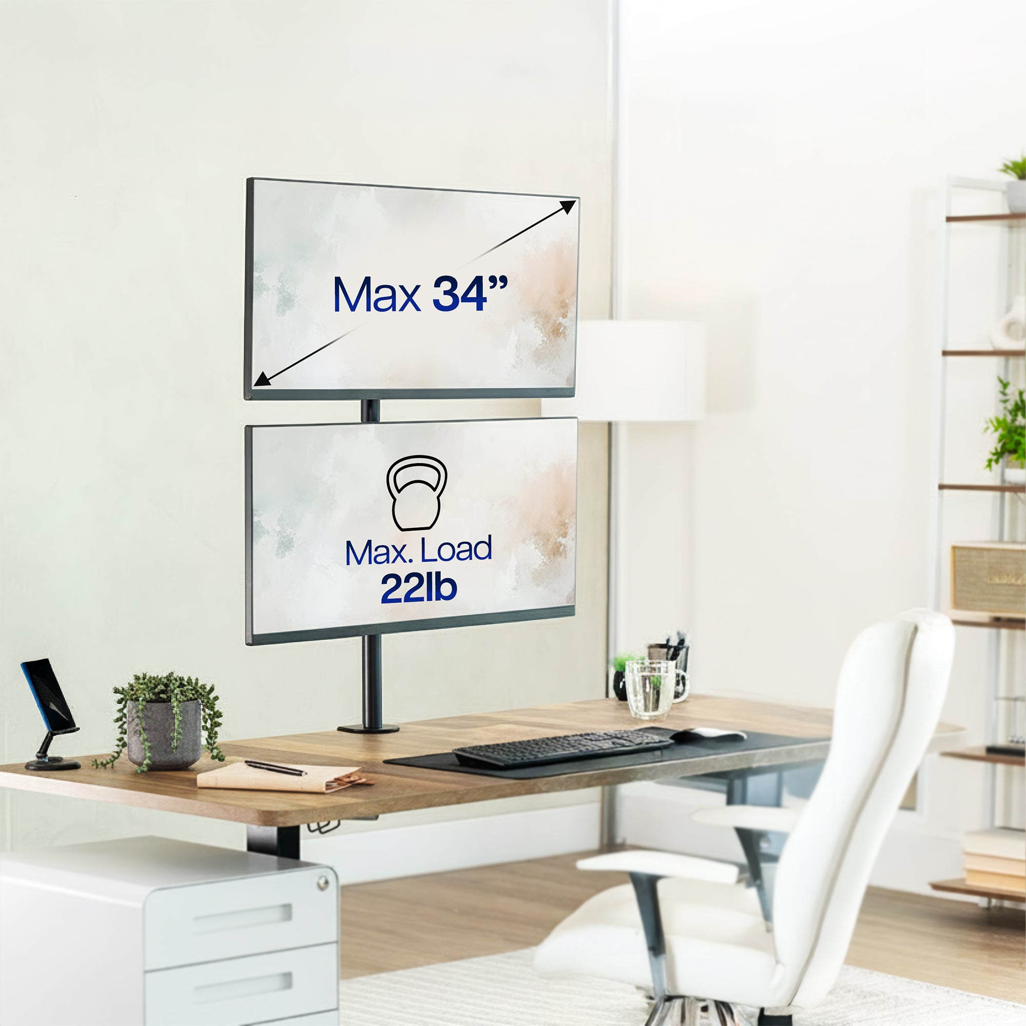 Desk setup with two monitors showing secure vertical alignment and load capacity, in a home office setting.