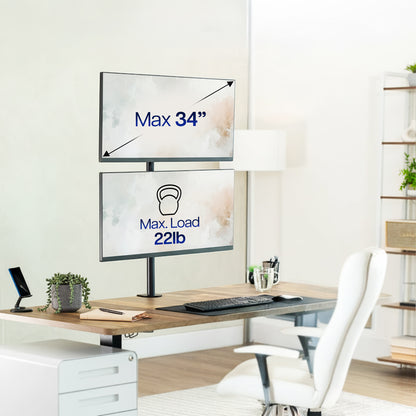 Desk setup with two monitors showing secure vertical alignment and load capacity, in a home office setting.