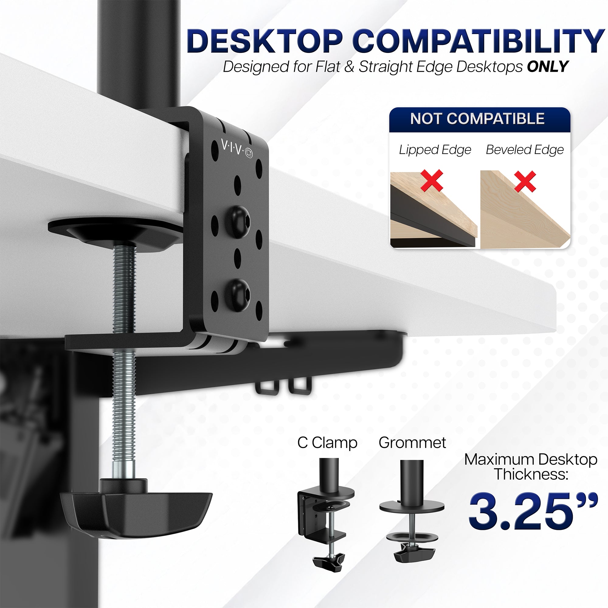 Dual Monitor Desk Mount with compatibility details for flat and straight edge desks and clamp thickness.