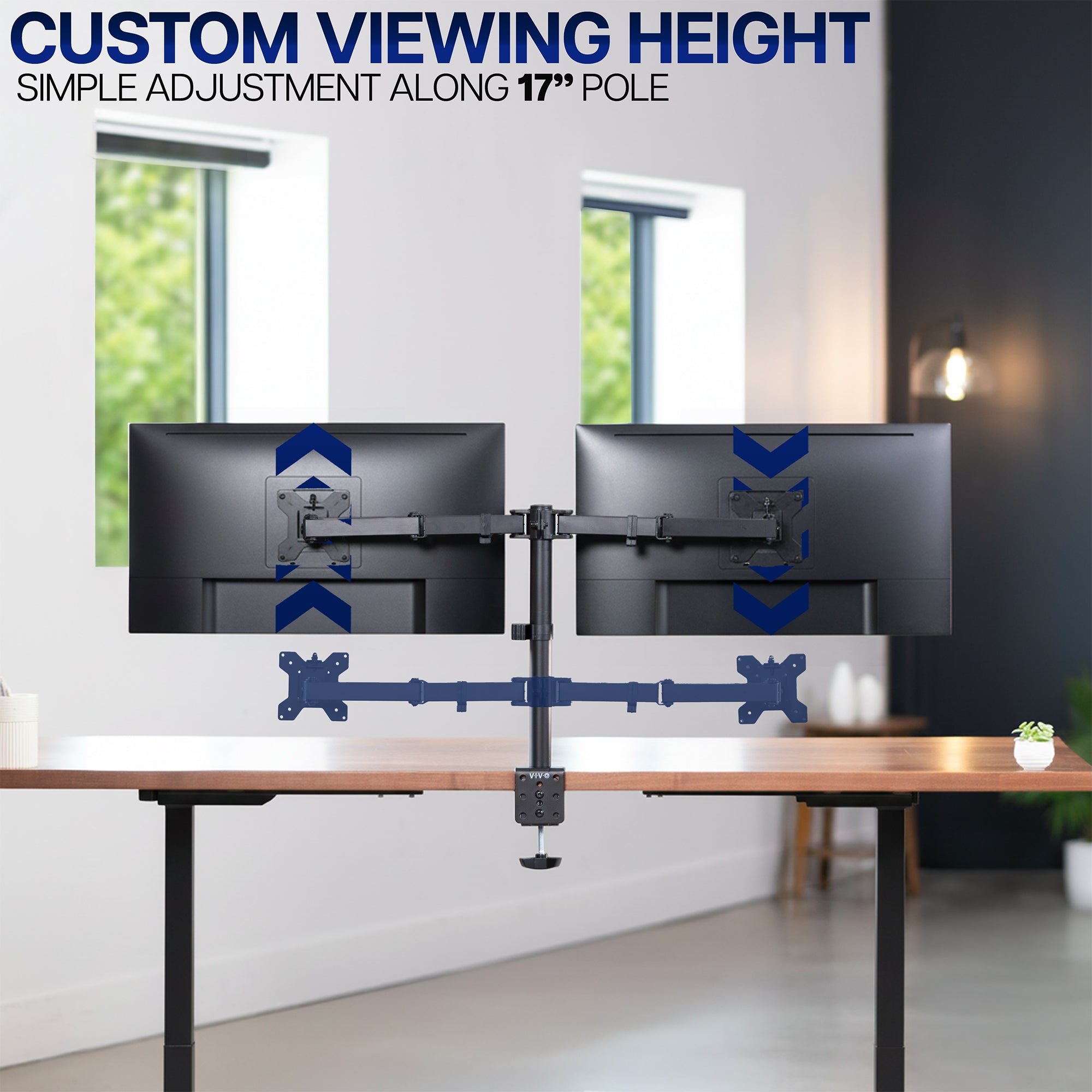 Dual monitor stand with customizable viewing height on a desk in a modern office setting.