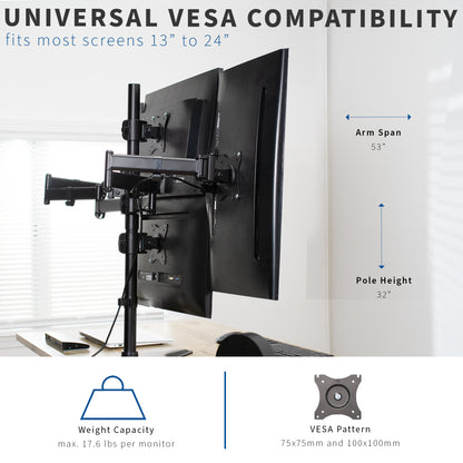 Quad Monitor Desk Stand - 13" to 27" Screens