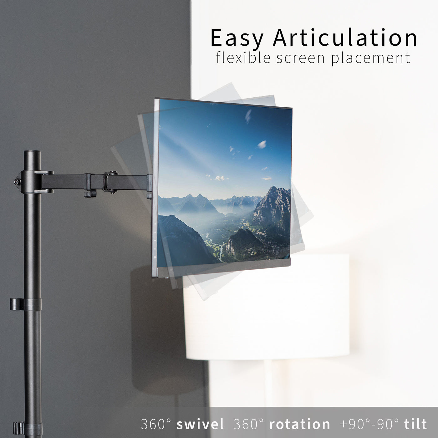 Extra tall desk mount for single monitor provides sit or stand application for the user as well as flexible viewing angles.