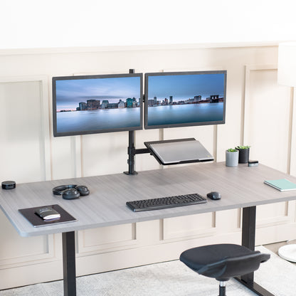 Dual Monitor Desk Mount and Laptop Holder with Universal VESA Compatibility