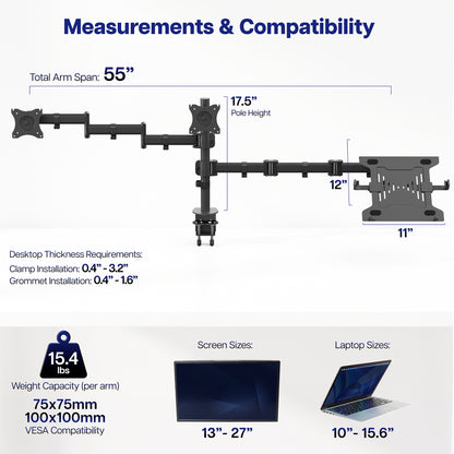 A product measurement and compatibility infographic for a dual monitor mount and laptop mount. The diagram shows the monitor arm with labeled dimensions including total arm span of 55 inches, pole height of 17.5"