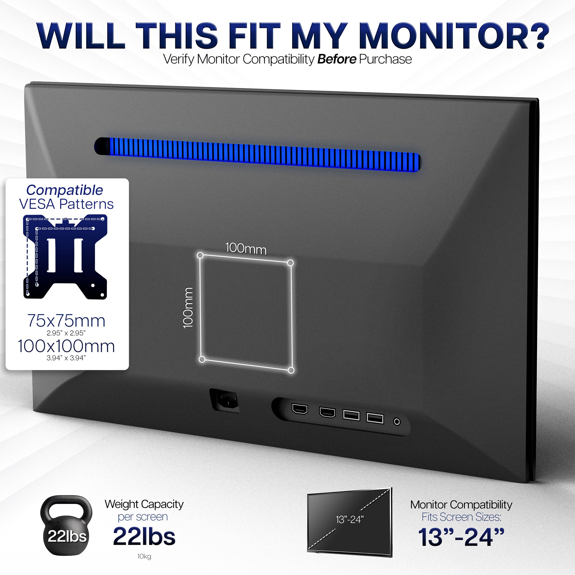 Monitor stand with compatibility information for VESA patterns, weight capacity, and screen size range.