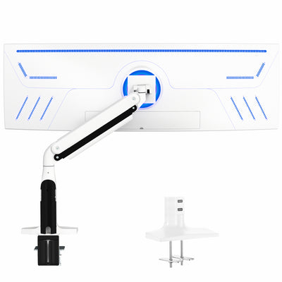 Sturdy height adjustable pneumatic arm supporting a single ultrawide monitor.