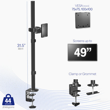 Clamp-on single monitor ultrawide desk mount with height adjustment, tilt, swivel, rotation, and built-in cable management.