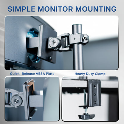 Clamp-on single monitor ultrawide desk mount with height adjustment, tilt, swivel, rotation, and built-in cable management.
