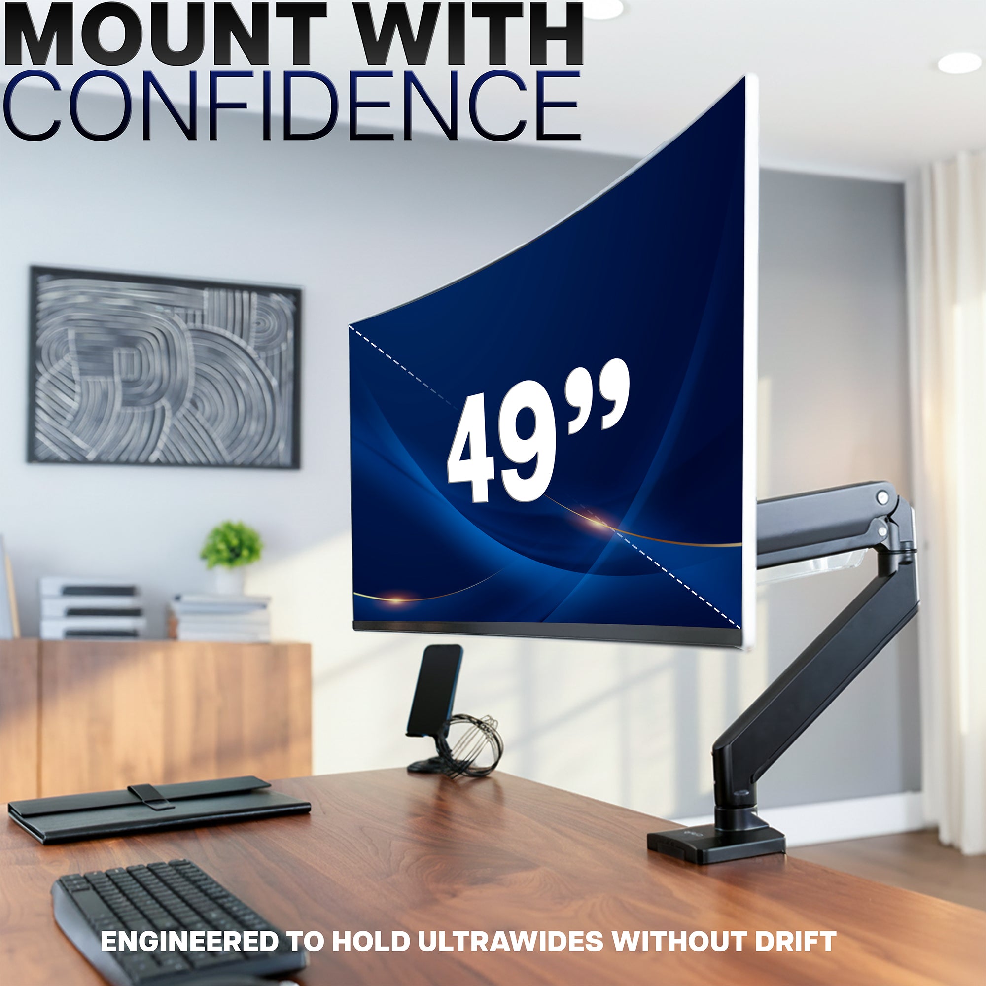 Pneumatic Arm Single Ultrawide Monitor Desk Mount that holds screens up to 49"