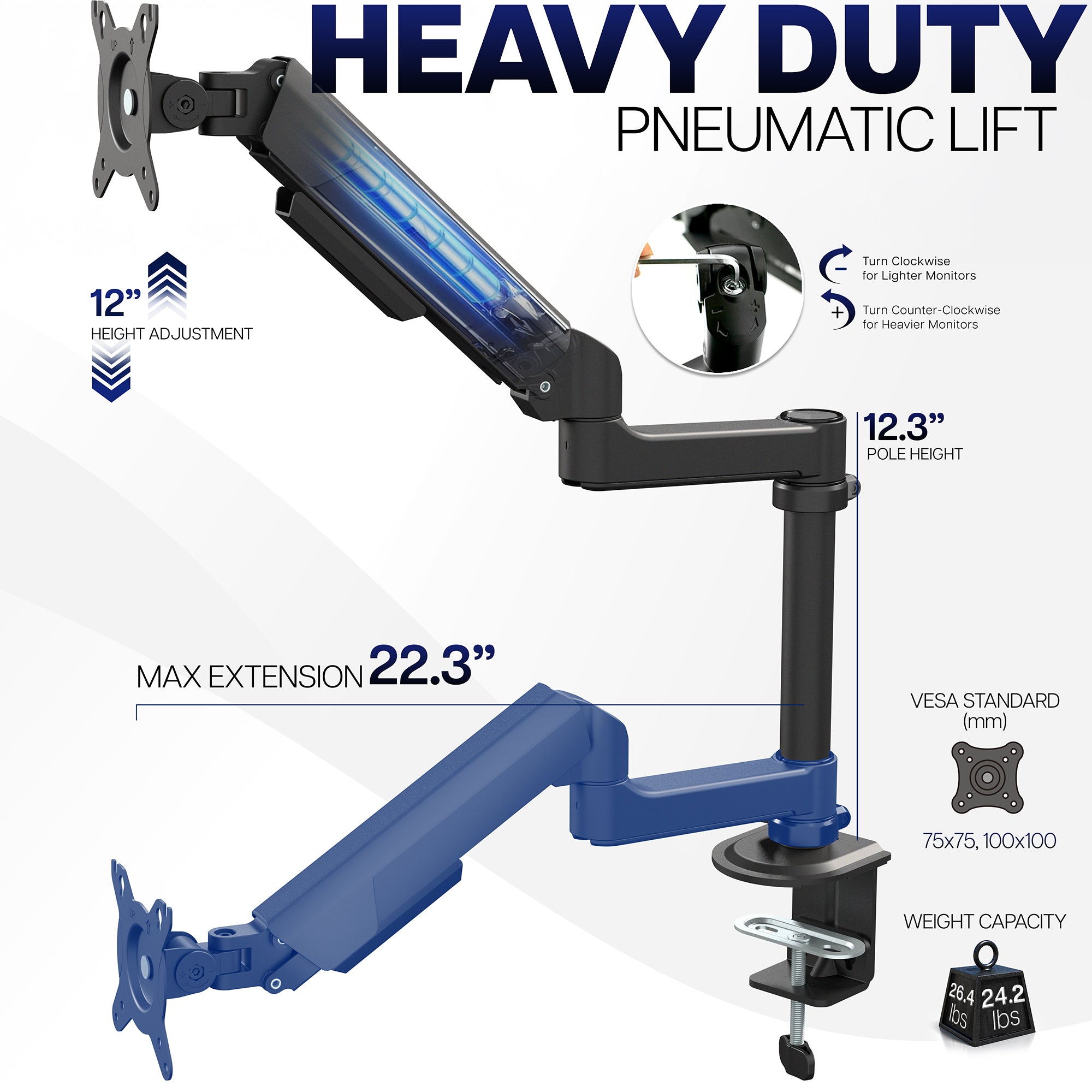 Sturdy adjustable pneumatic arm single monitor ergonomic desk mount for office workstation.