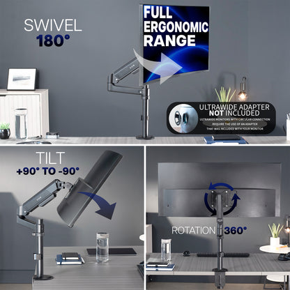 Sturdy adjustable pneumatic arm single monitor ergonomic desk mount for office workstation.
