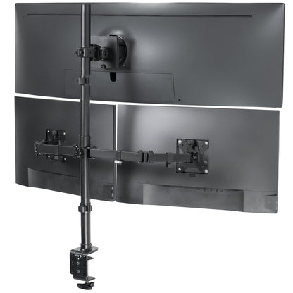 Triple monitor desk mount for ultrawide and standard screens with multiple setup options and flexible placement. Featuring height adjustment, tilt, swivel, rotation, and built-in cable management.