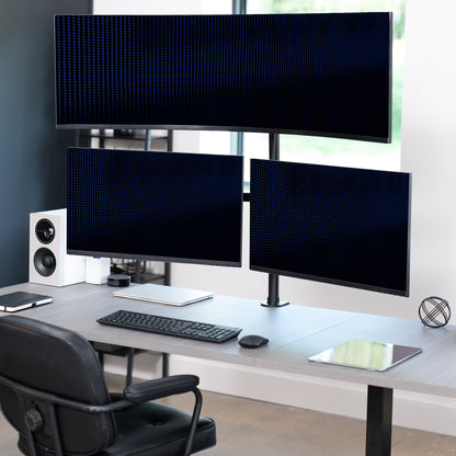 Triple monitor desk mount for ultrawide and standard screens with multiple setup options and flexible placement. Featuring height adjustment, tilt, swivel, rotation, and built-in cable management.