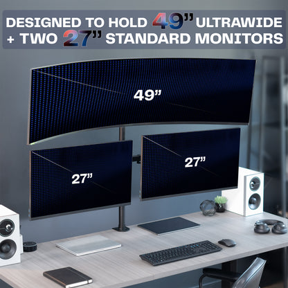 Triple monitor desk mount for ultrawide and standard screens with multiple setup options and flexible placement. Featuring height adjustment, tilt, swivel, rotation, and built-in cable management.