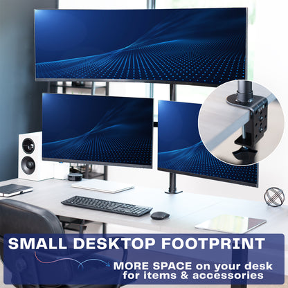 Triple monitor desk mount for ultrawide and standard screens with multiple setup options and flexible placement. Featuring height adjustment, tilt, swivel, rotation, and built-in cable management.