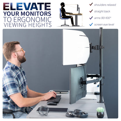 Triple monitor desk mount for ultrawide and standard screens with multiple setup options and flexible placement. Featuring height adjustment, tilt, swivel, rotation, and built-in cable management.