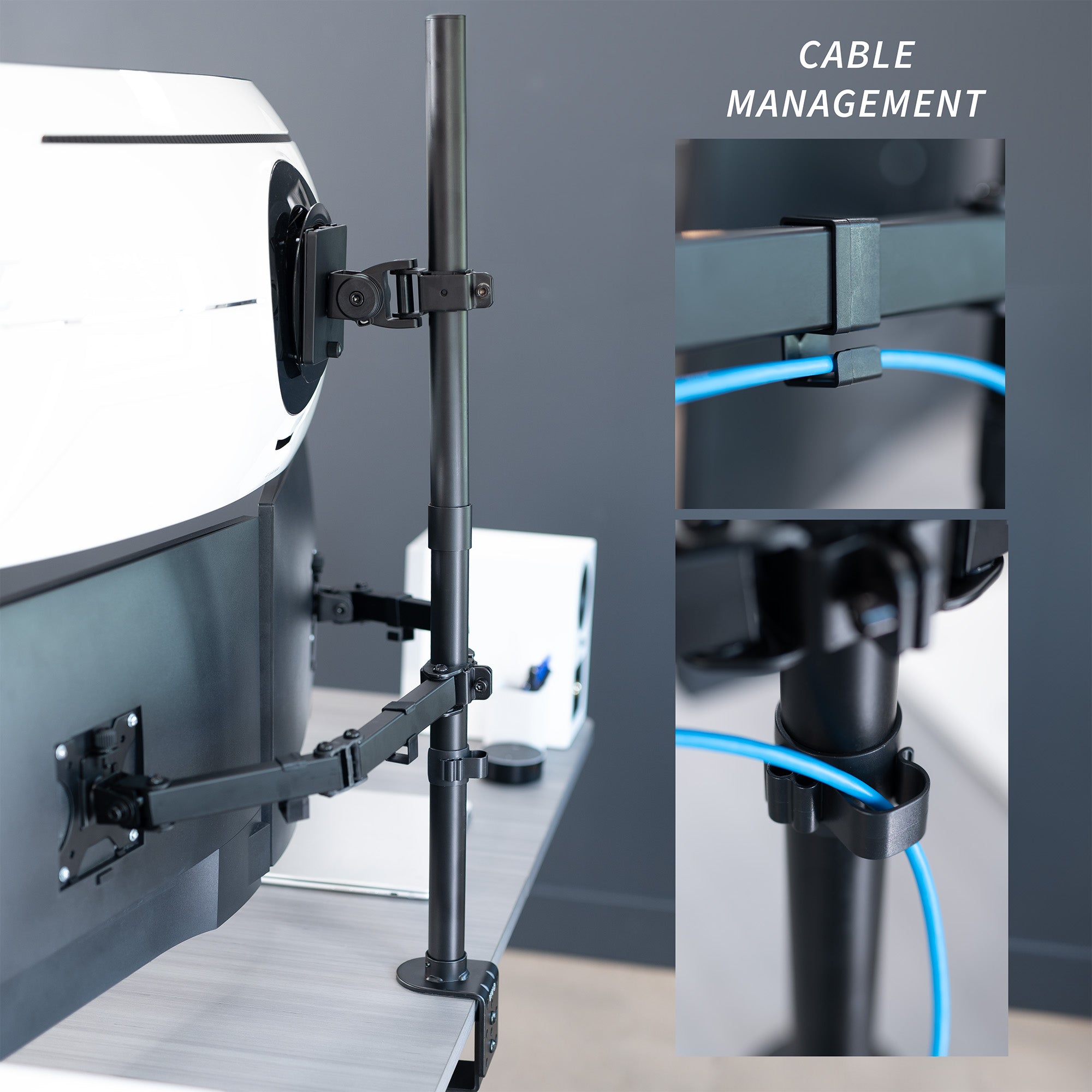 Triple monitor desk mount for ultrawide and standard screens with multiple setup options and flexible placement. Featuring height adjustment, tilt, swivel, rotation, and built-in cable management.