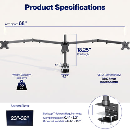 Product specifications diagram for a triple monitor arm, showing measurements for arm span, pole height, weight capacity, VESA compatibility, screen sizes, and desktop thickness/clamp installation requirements on a light background.