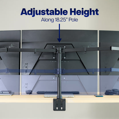 An adjustable desktop monitor mount shown mounted above a desk, with text reading 'Adjustable Height Along 18.25" Pole' and a blue arrow pointing to the mount attachment point.