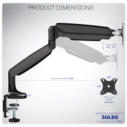 Pneumatic Arm Single Ultrawide Monitor Desk Mount - Up to 40" Screens