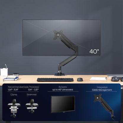 Pneumatic Arm Single Ultrawide Monitor Desk Mount - Up to 40" Screens
