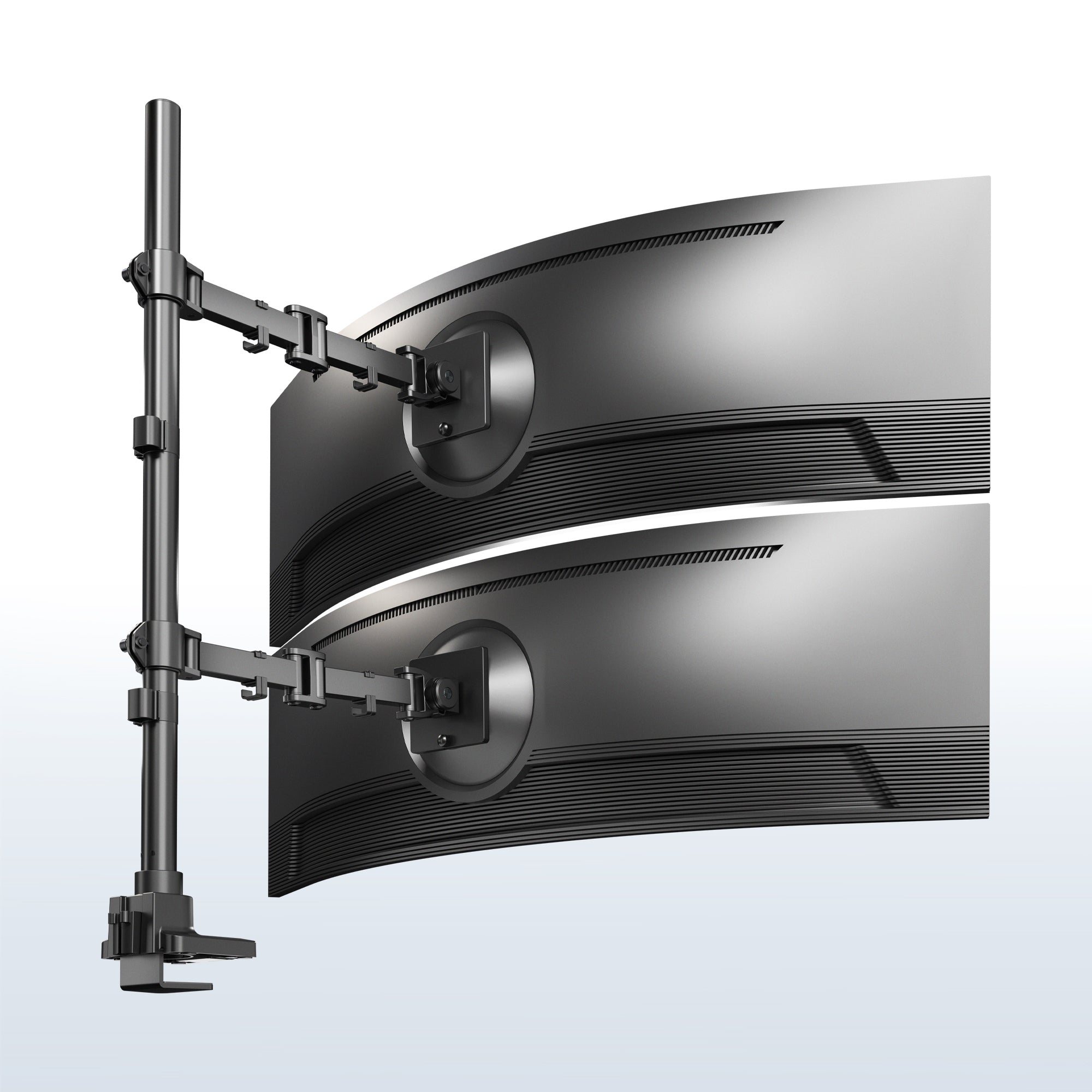 Two ultrawide computer monitors on a stand with a light blue background