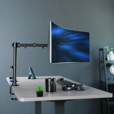 Single Ultrawide Monitor Desk Mount elevates ultra wide monitors to a comfortable viewing angle. The advanced tilt joint is designed to hold heavy screens securely.