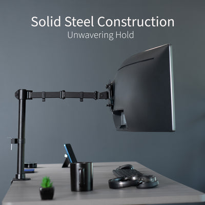 Single Ultrawide Monitor Desk Mount elevates ultra wide monitors to a comfortable viewing angle. The advanced tilt joint is designed to hold heavy screens securely.