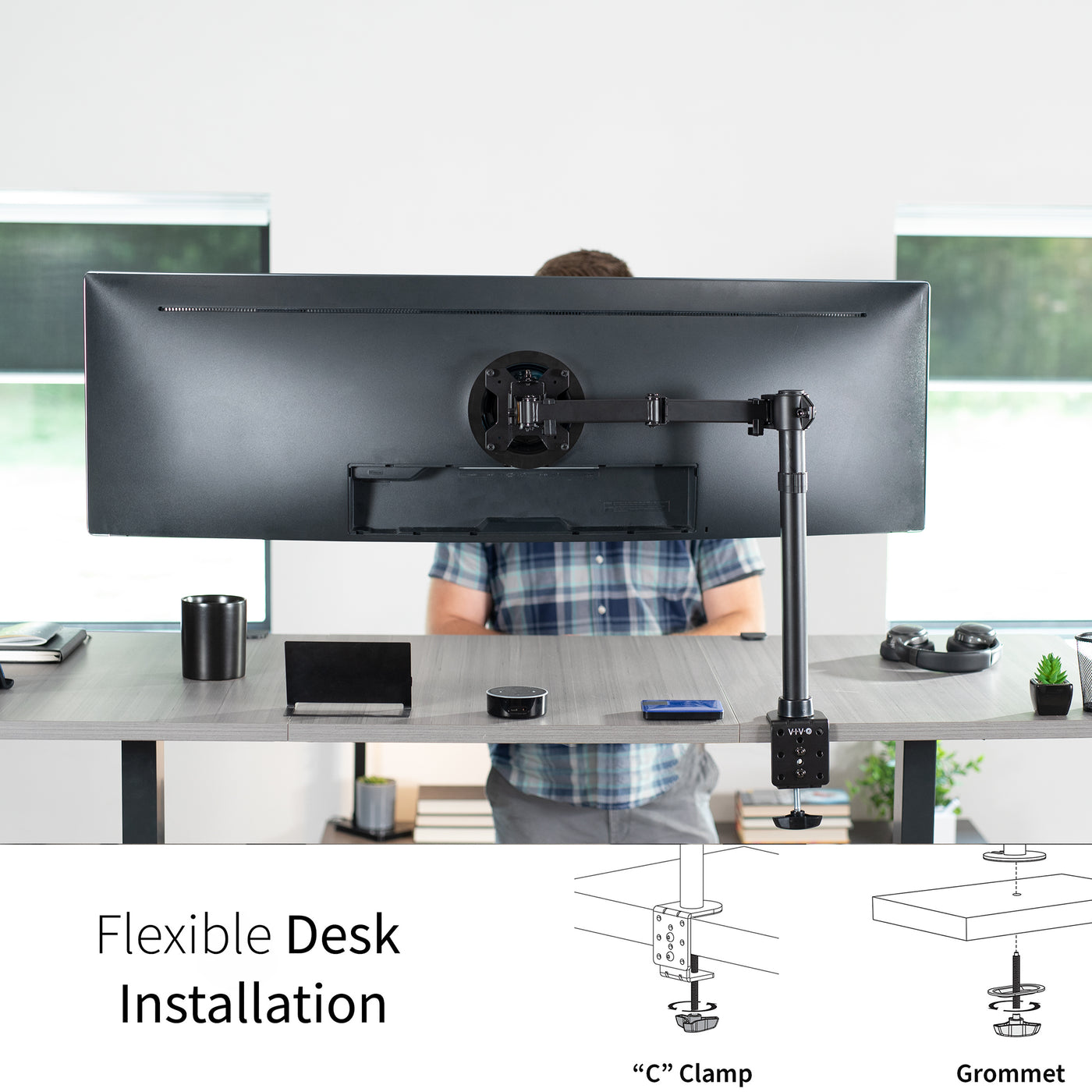 Single Ultrawide Monitor Desk Mount elevates ultra wide monitors to a comfortable viewing angle. The advanced tilt joint is designed to hold heavy screens securely.