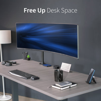 Single Ultrawide Monitor Desk Mount elevates ultra wide monitors to a comfortable viewing angle. The advanced tilt joint is designed to hold heavy screens securely.