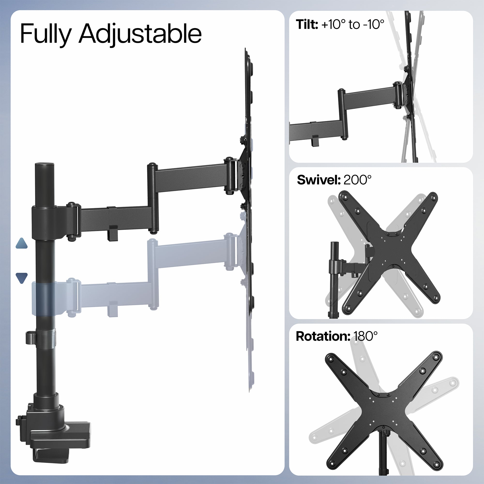 Low profile TV desk mount with articulating arm with cable management.