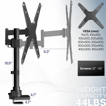 Low profile TV desk mount with articulating arm with cable management.