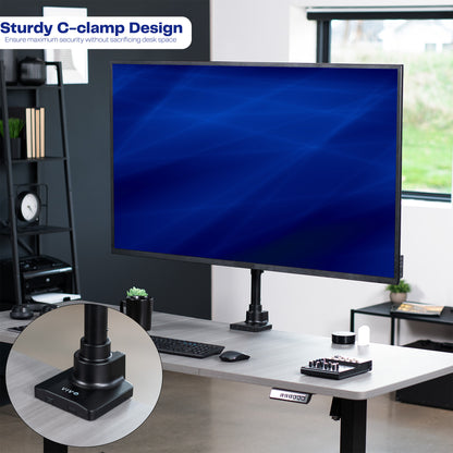 Low profile TV desk mount with articulating arm with cable management.