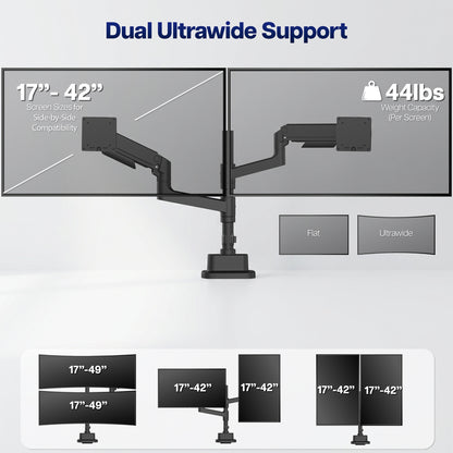 Pneumatic Arm Dual Ultrawide Monitor Desk Mount - Up to 49" Screens