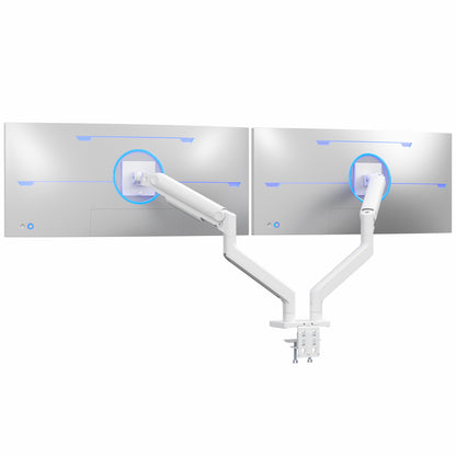 White Pneumatic Arm Dual Ultrawide Monitor Desk Mount - Up to 45" Screens